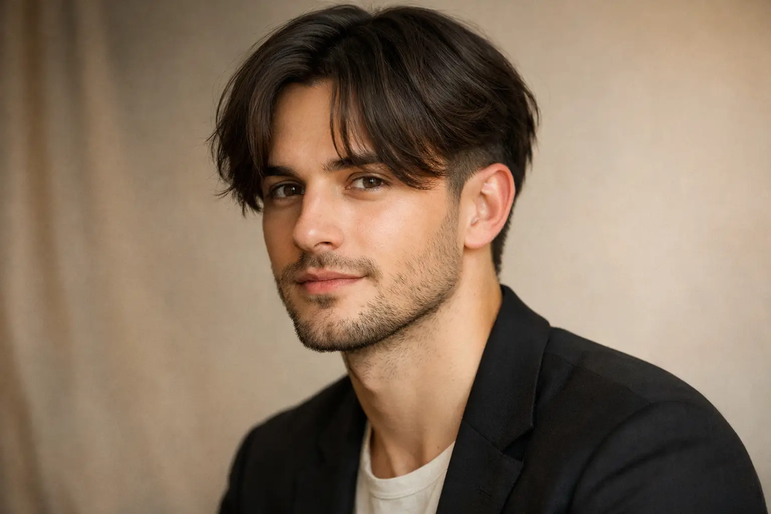 Low Fade with Curtain Bangs