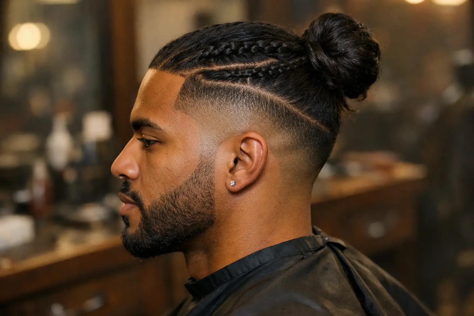 The Low Drop Fade Man Bun with Side Braids