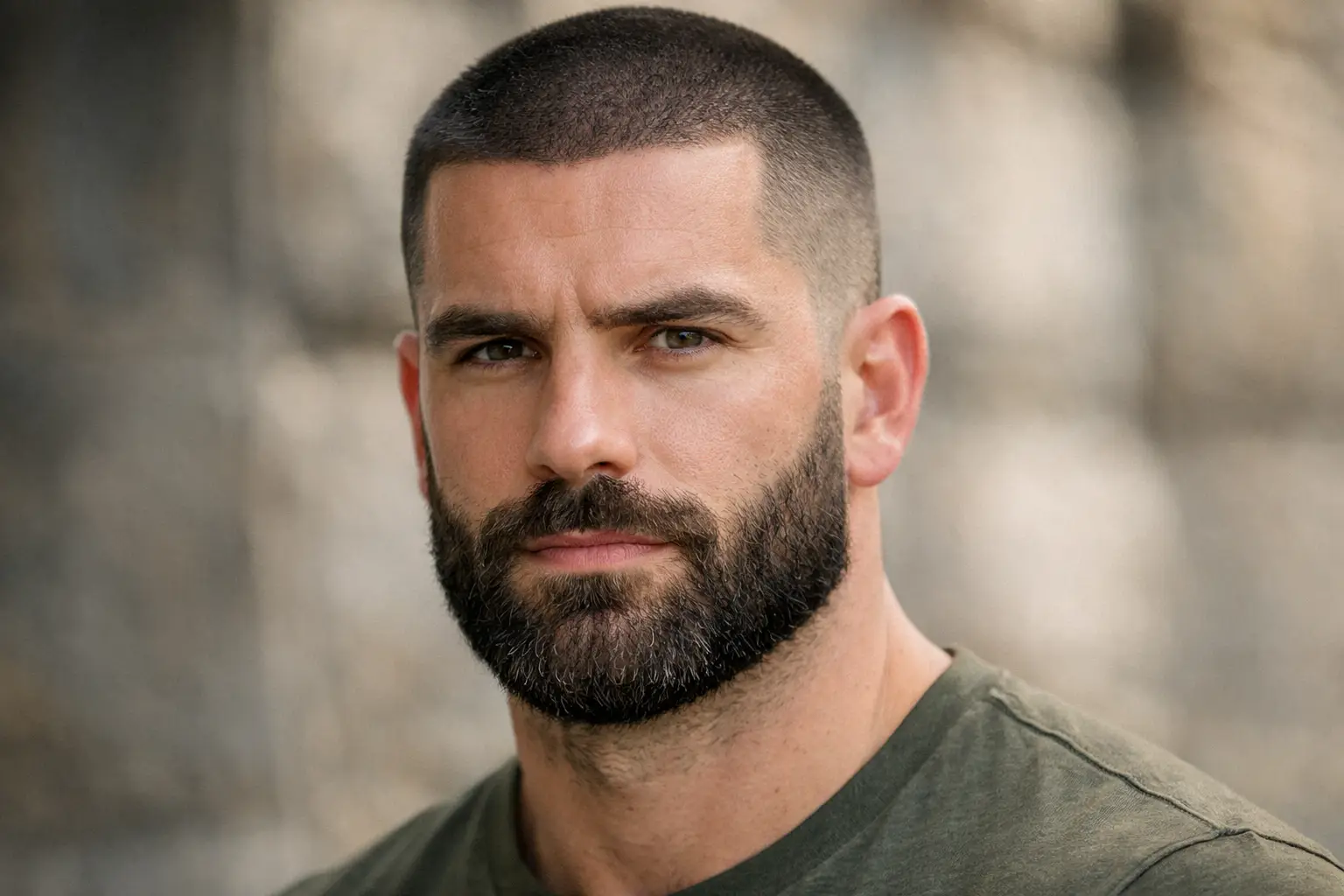 Buzzcut With Thick Beard and Low Taper