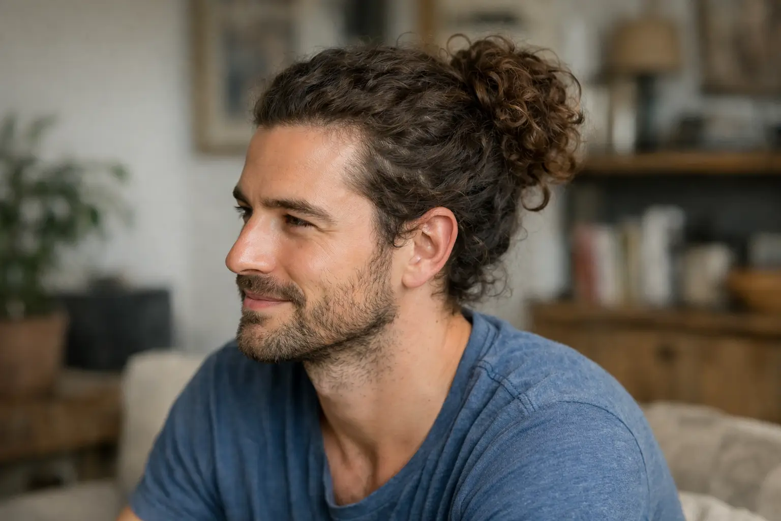 Curly Man Bun Style