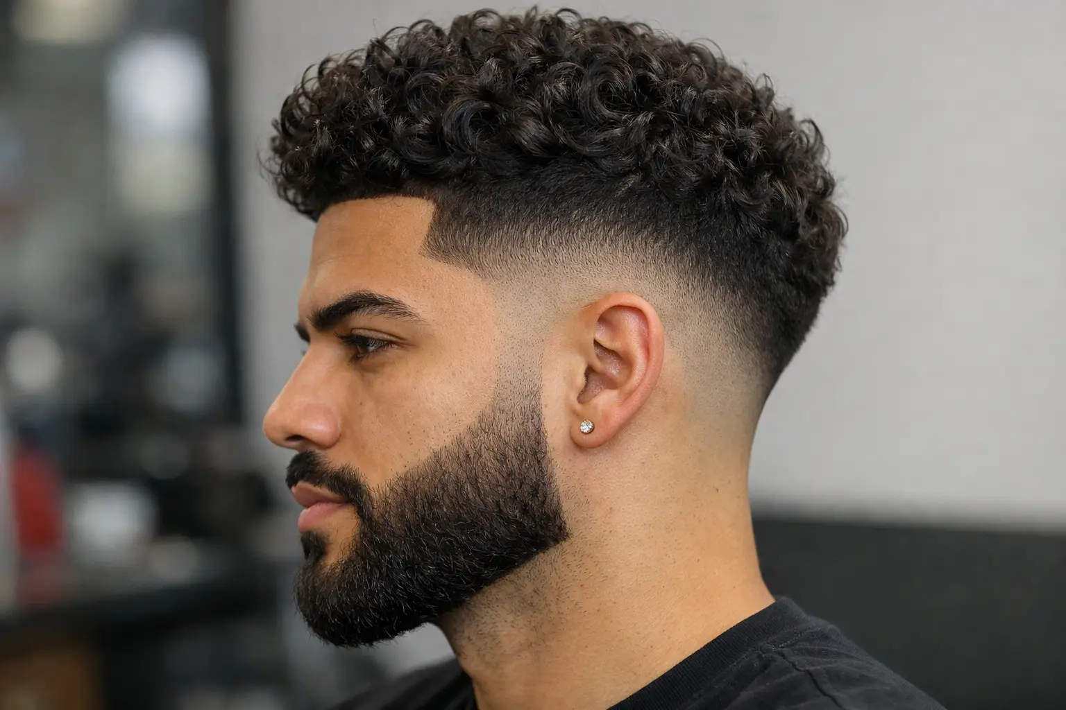 Drop Fade with Curly Hair and Beard