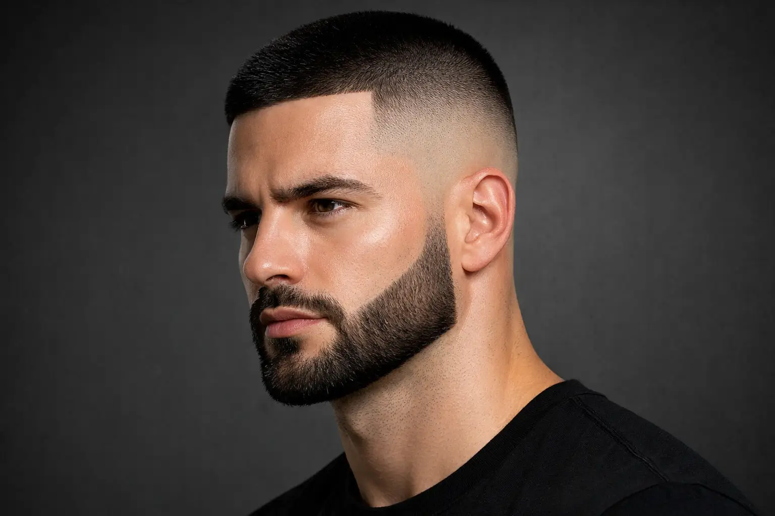 High Fade Buzzcut With Sharp Beard