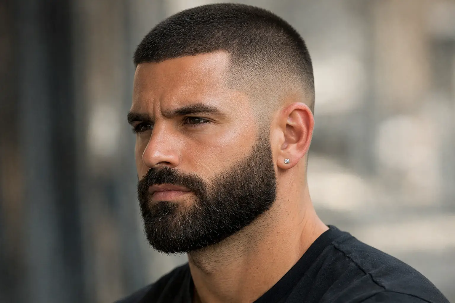 Low Fade Buzzcut With Thick Beard