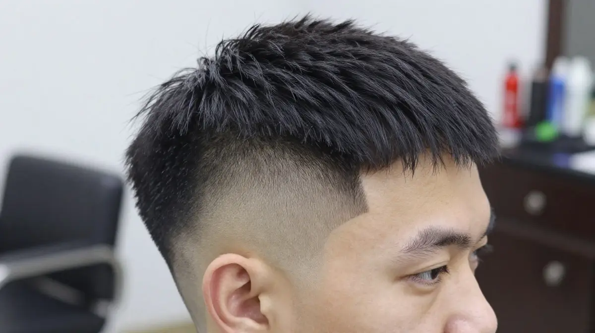 Mid Fade with Short Textured Fringe and Line Up