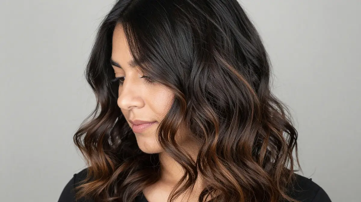 Brown Highlights on Black Wavy Hair
