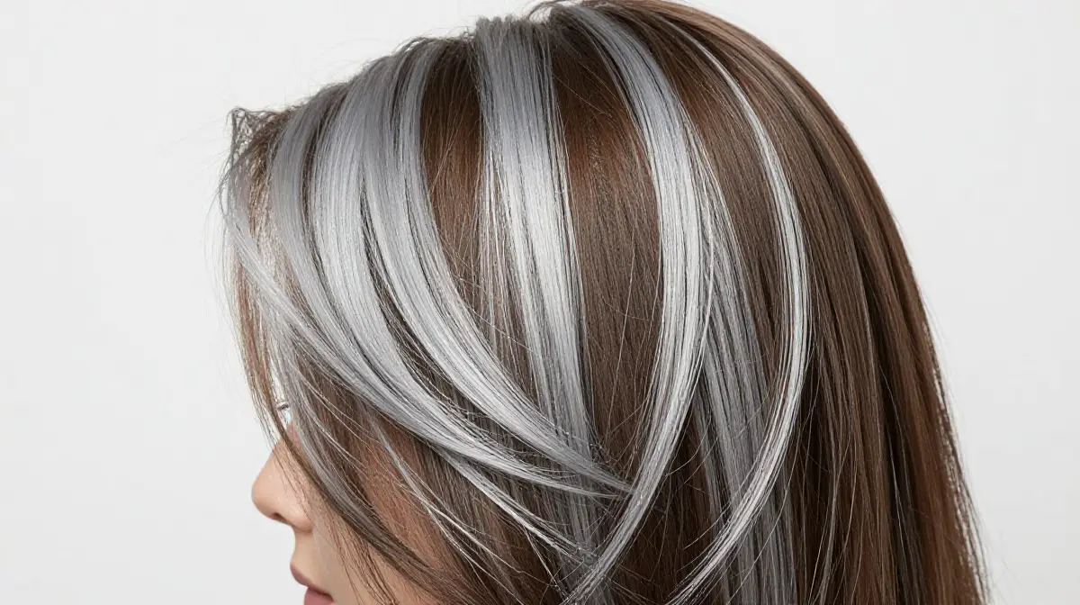 Chunky Silver Highlights on Brown Hair