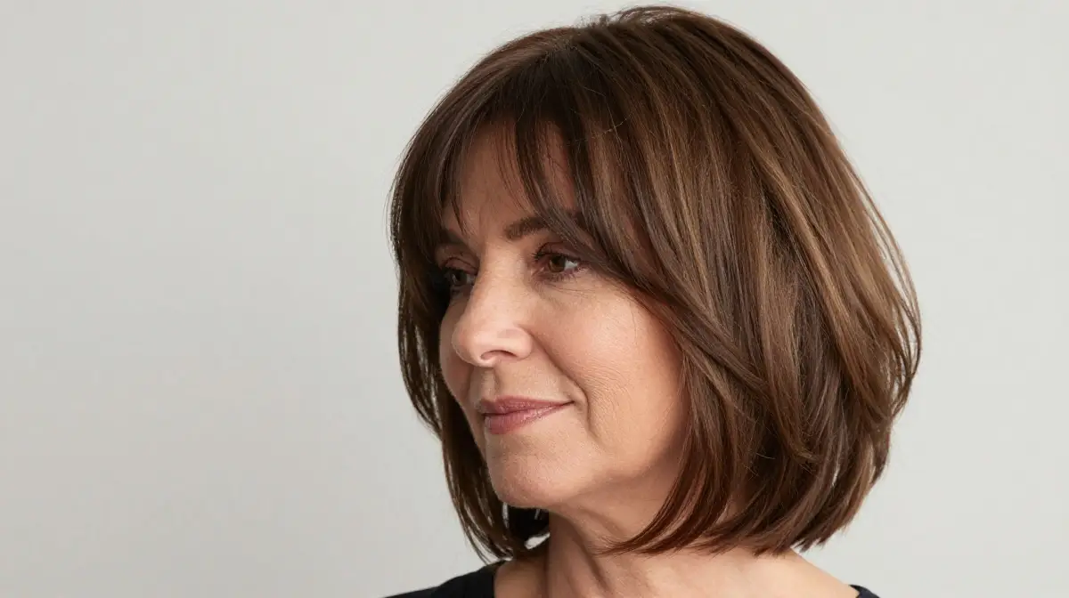 Layered Bob with Curtain Bangs and Highlights