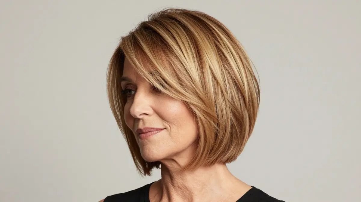 Layered Bob with Side Swept Bangs for Round Faces
