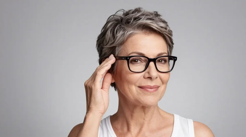 Short Hairstyle Aftercare for Women Over 50 with Glasses