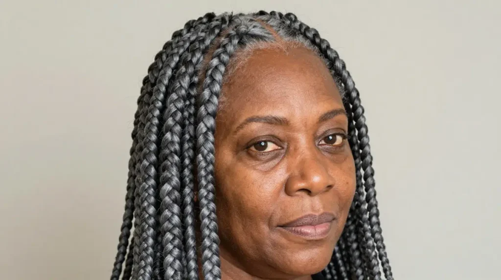 Gray Box Braids with a Classic Finish