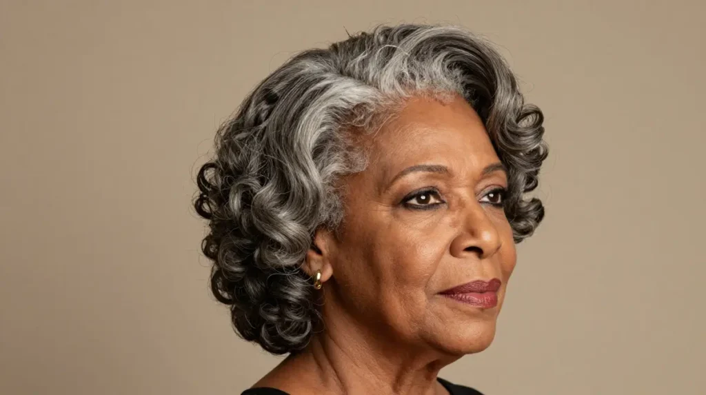Natural Gray Curls with a Side Part