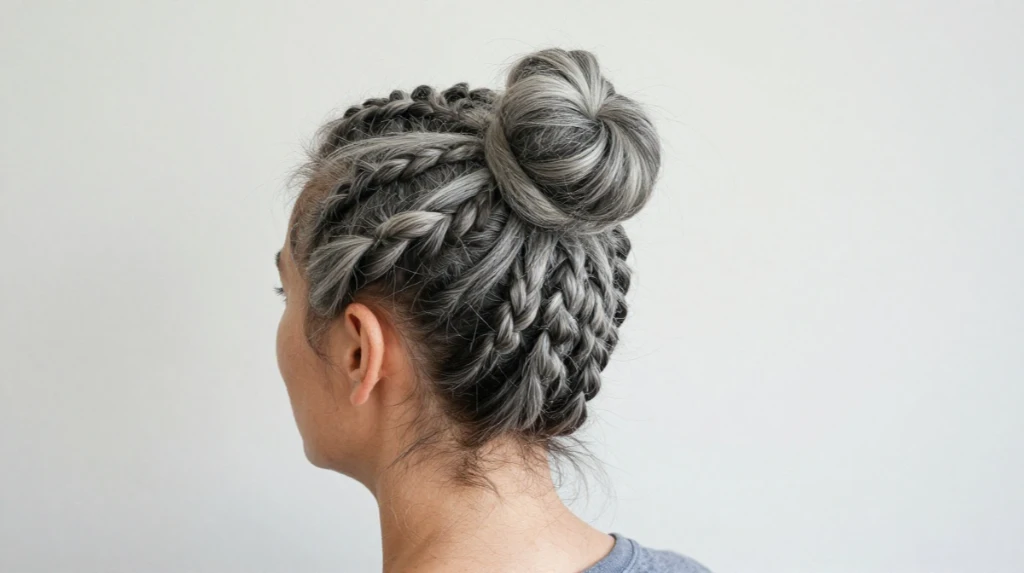 Gray Space Buns with Braids for a Playful Twist